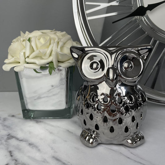 Owl Ceramic Wax/Oil Burner 11cm - Silver